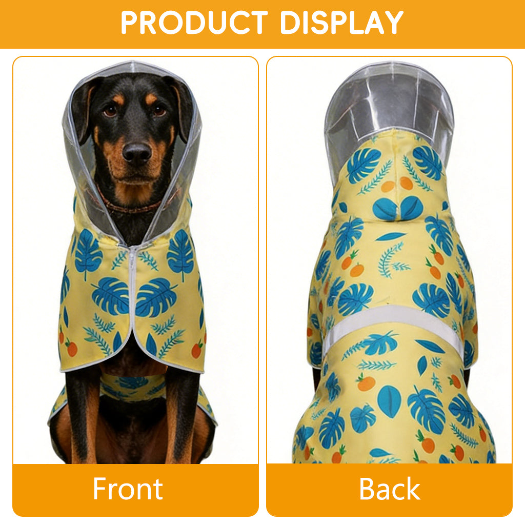 Qpets® Dog Raincoat with Clear Hood, Reflective Pet Raincoat Jacket Pet Poncho Lightweight Pet Rain Clothes with Adjustable Belly Strap Leash Hole Stylish Tropical Leaves & Orange Pattern, 2XL