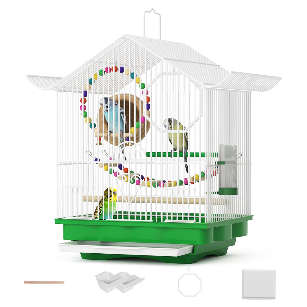 Qpets® Pet Parakeet Manor Bird Cage with Handle, Versatile Carrier for Home or Travel, Small Bird Accessories, Easy Storage for Canaries, Budgies, Finches, Parakeets, and More-White