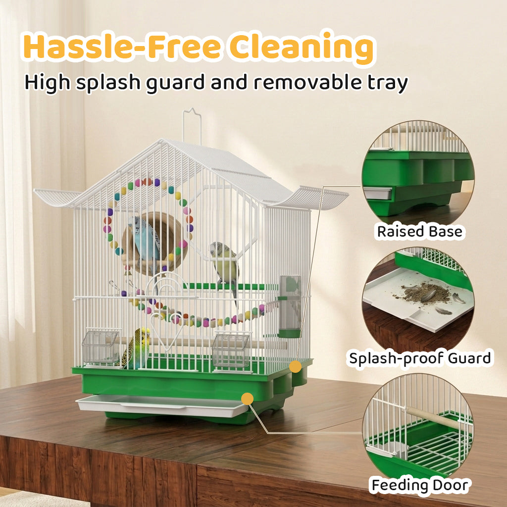 Qpets® Pet Parakeet Manor Bird Cage with Handle, Versatile Carrier for Home or Travel, Small Bird Accessories, Easy Storage for Canaries, Budgies, Finches, Parakeets, and More-White