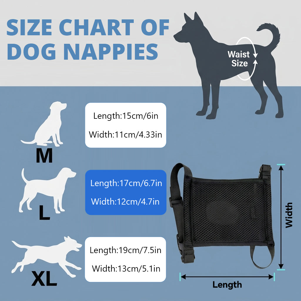 Qpets® Female Dog Diaper Wrap with 3 Pads, Breathable Mesh Dog Diapers for Female Dogs, Tail-Friendly Design, Quick Release Buckle & Adjustable Straps, for Heat Cycle Incontinence Training, Size L