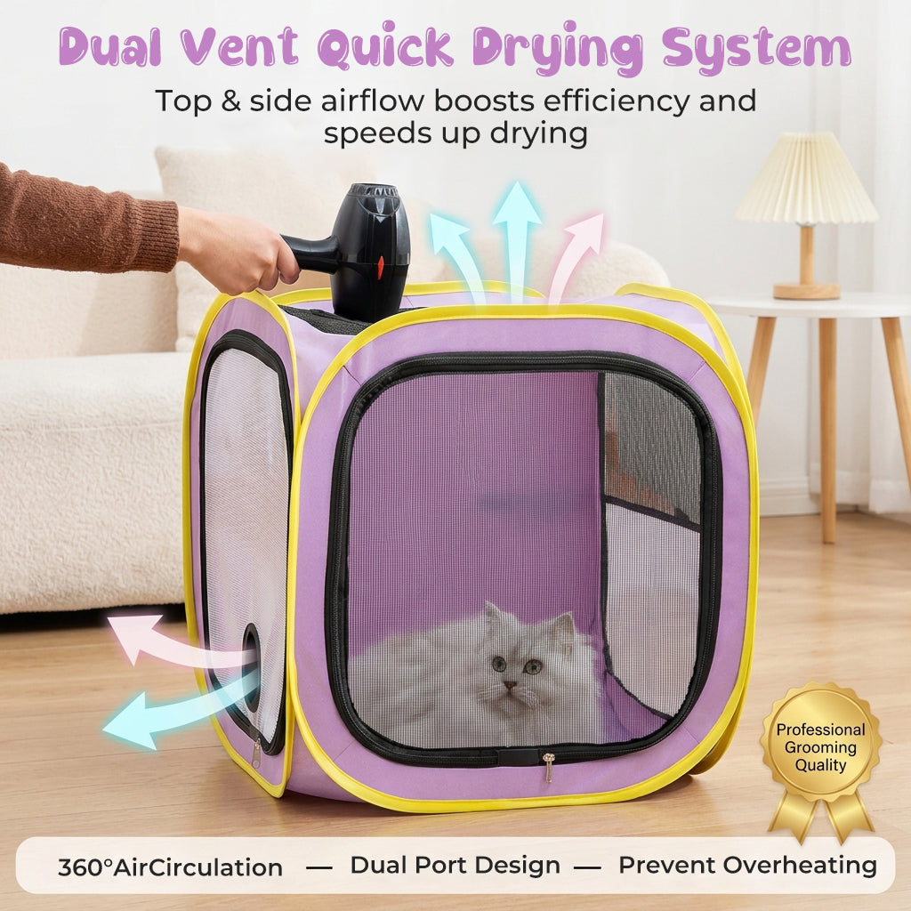 Qpets® Pet Drying Box for Cats & Small Dogs, Foldable Hair Dryer Tent with Mesh Ventilation, Dual Vent Quick Pet Grooming Dryer Enclosure, Waterproof Oxford Cloth Travel Drying Cage, 50x50x50cm