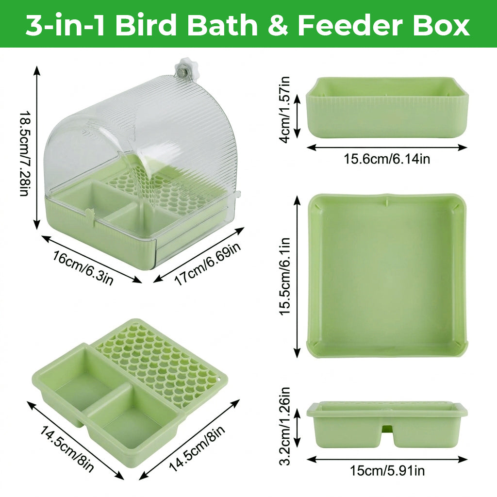 Qpets® 3-in-1 Bird Bath & Feeder Box Bird Cage Mounted Bathing Dome with Dual Food Trays & Grid Perch Platform, BPA-Free Bird Cage Feeder and Bath Station, Removable Cleaning Base, 16x17x18.5cm