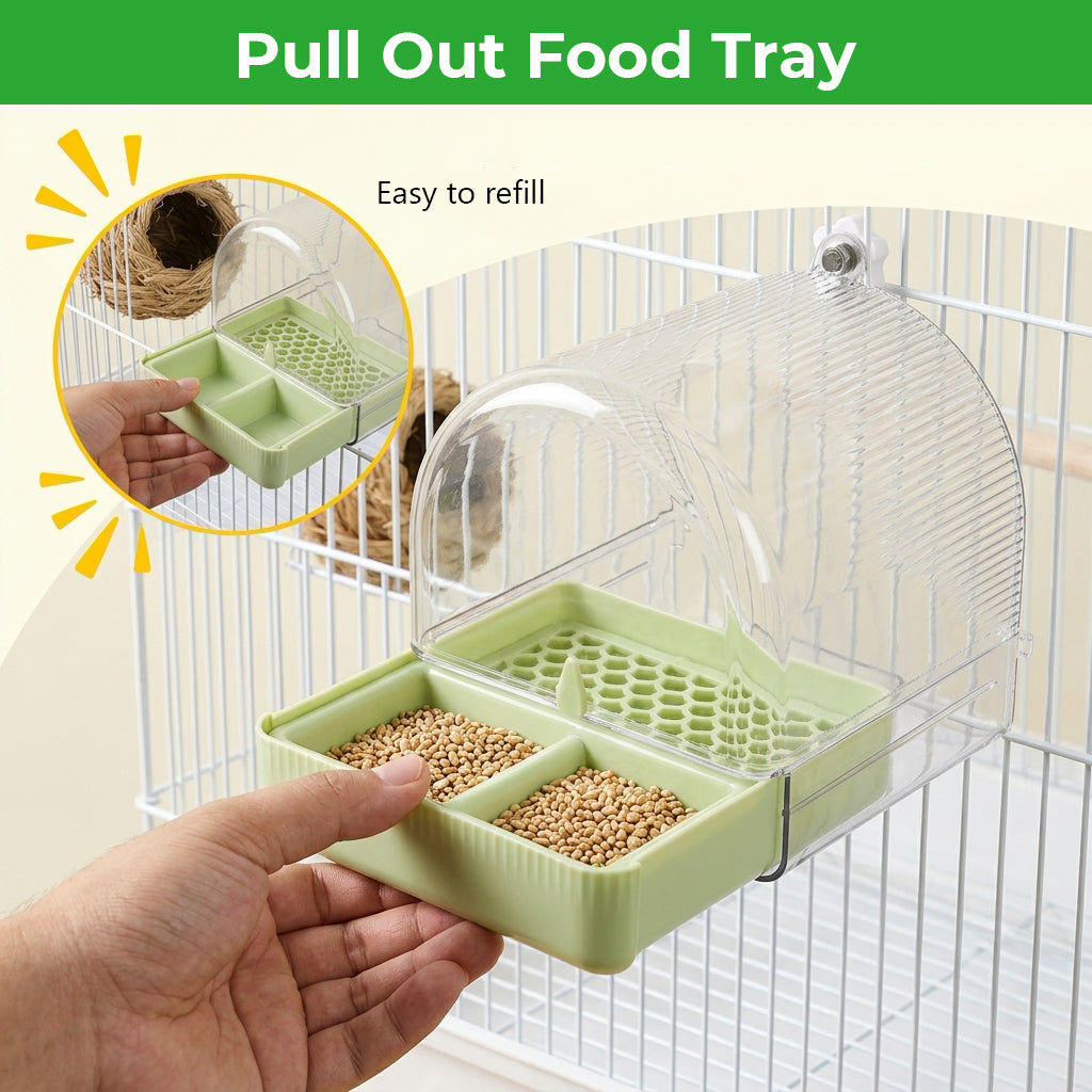 Qpets® 3-in-1 Bird Bath & Feeder Box Bird Cage Mounted Bathing Dome with Dual Food Trays & Grid Perch Platform, BPA-Free Bird Cage Feeder and Bath Station, Removable Cleaning Base, 16x17x18.5cm