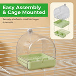 Qpets® 3-in-1 Bird Bath & Feeder Box Bird Cage Mounted Bathing Dome with Dual Food Trays & Grid Perch Platform, BPA-Free Bird Cage Feeder and Bath Station, Removable Cleaning Base, 16x17x18.5cm