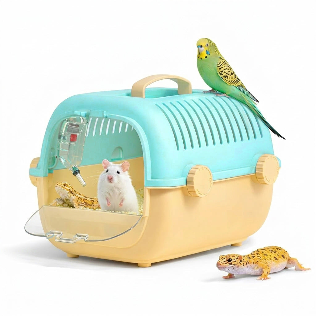 Qpets® Small Pet Carrier Cage for Birds, Hamsters & Small Animals, Portable Ventilated Travel Carrier with Transparent Door & Water Bottle, Lightweight PP Pet Transport Box