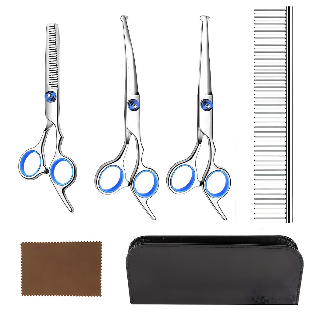 Qpets® Professional Pet Grooming Scissors Kit, Stainless Steel Dog & Cat Grooming Shears Set with Straight, Thinning & Curved Scissors, Comb, & Storage Bag for Home & Salon Use