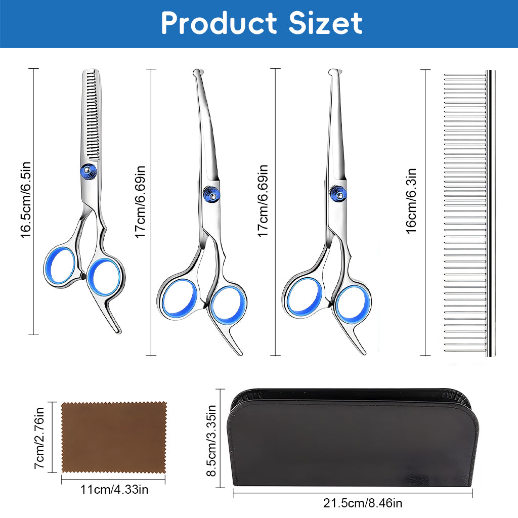 Qpets® Professional Pet Grooming Scissors Kit, Stainless Steel Dog & Cat Grooming Shears Set with Straight, Thinning & Curved Scissors, Comb, & Storage Bag for Home & Salon Use