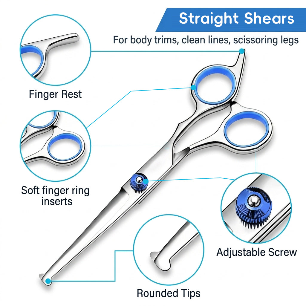 Qpets® Professional Pet Grooming Scissors Kit, Stainless Steel Dog & Cat Grooming Shears Set with Straight, Thinning & Curved Scissors, Comb, & Storage Bag for Home & Salon Use