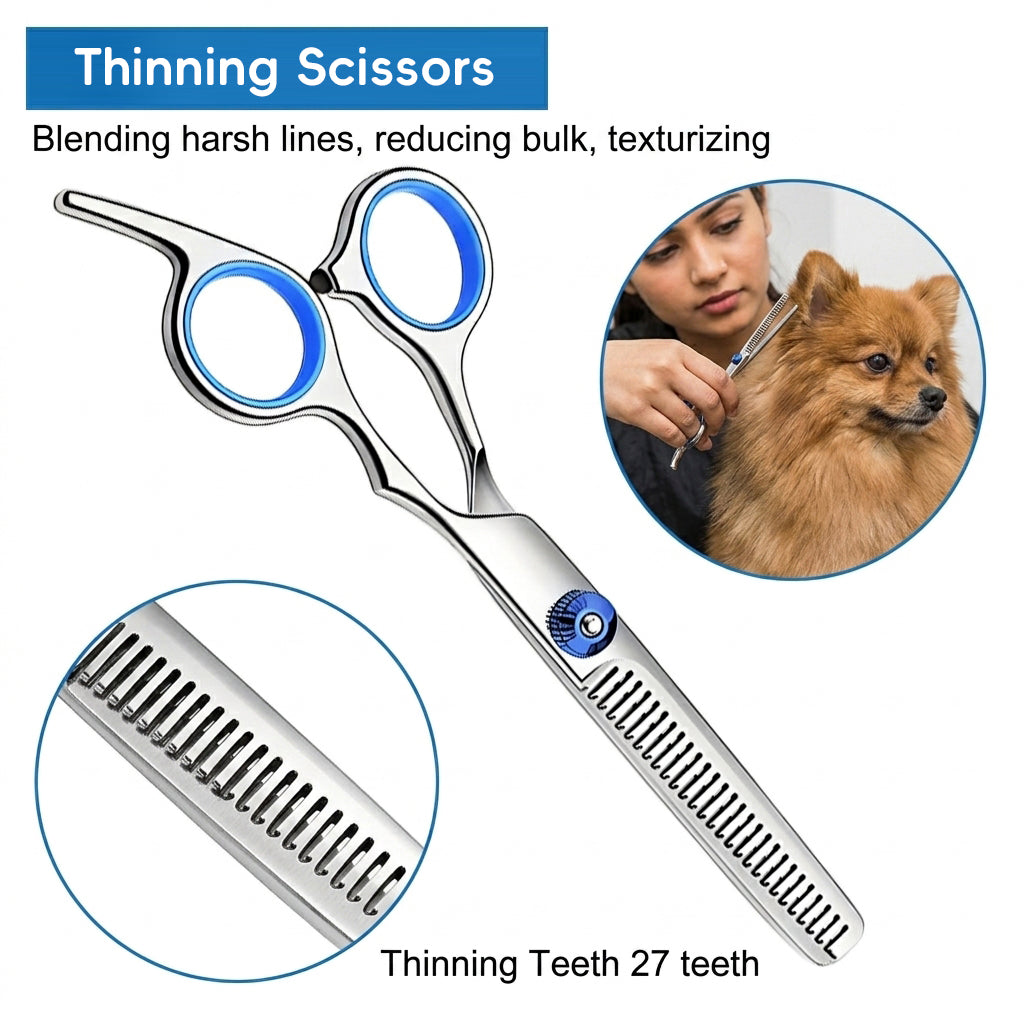 Qpets® Professional Pet Grooming Scissors Kit, Stainless Steel Dog & Cat Grooming Shears Set with Straight, Thinning & Curved Scissors, Comb, & Storage Bag for Home & Salon Use