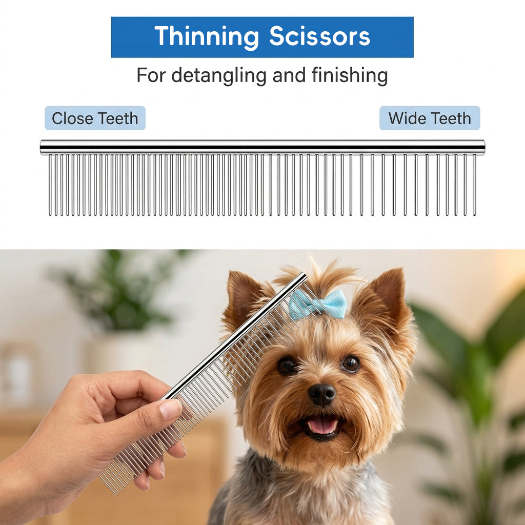Qpets® Professional Pet Grooming Scissors Kit, Stainless Steel Dog & Cat Grooming Shears Set with Straight, Thinning & Curved Scissors, Comb, & Storage Bag for Home & Salon Use