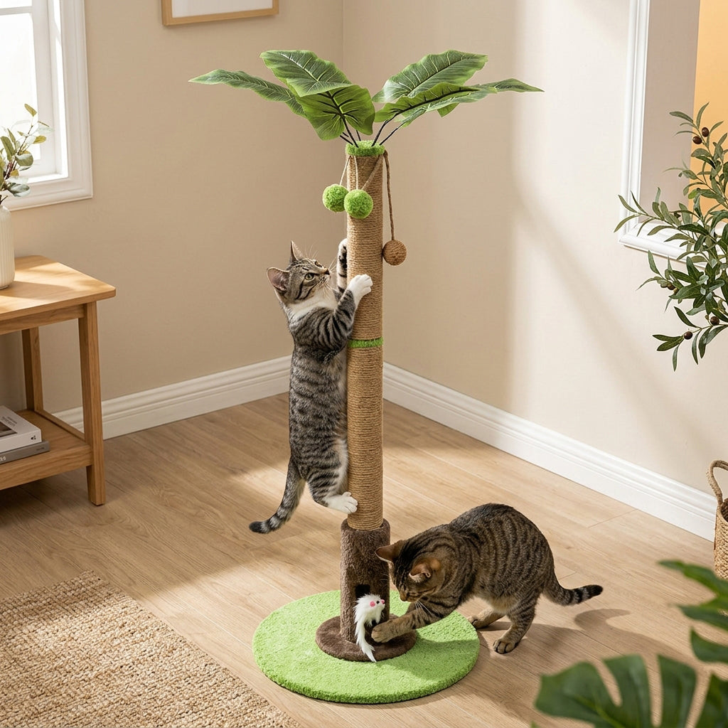 Qpets® Cat Scratching Post for Indoor Cats and Kitten - 35.43" Tall Scratching Post with Sisal Rope, Palm Tree Scratch with Hanging Ball-Brown