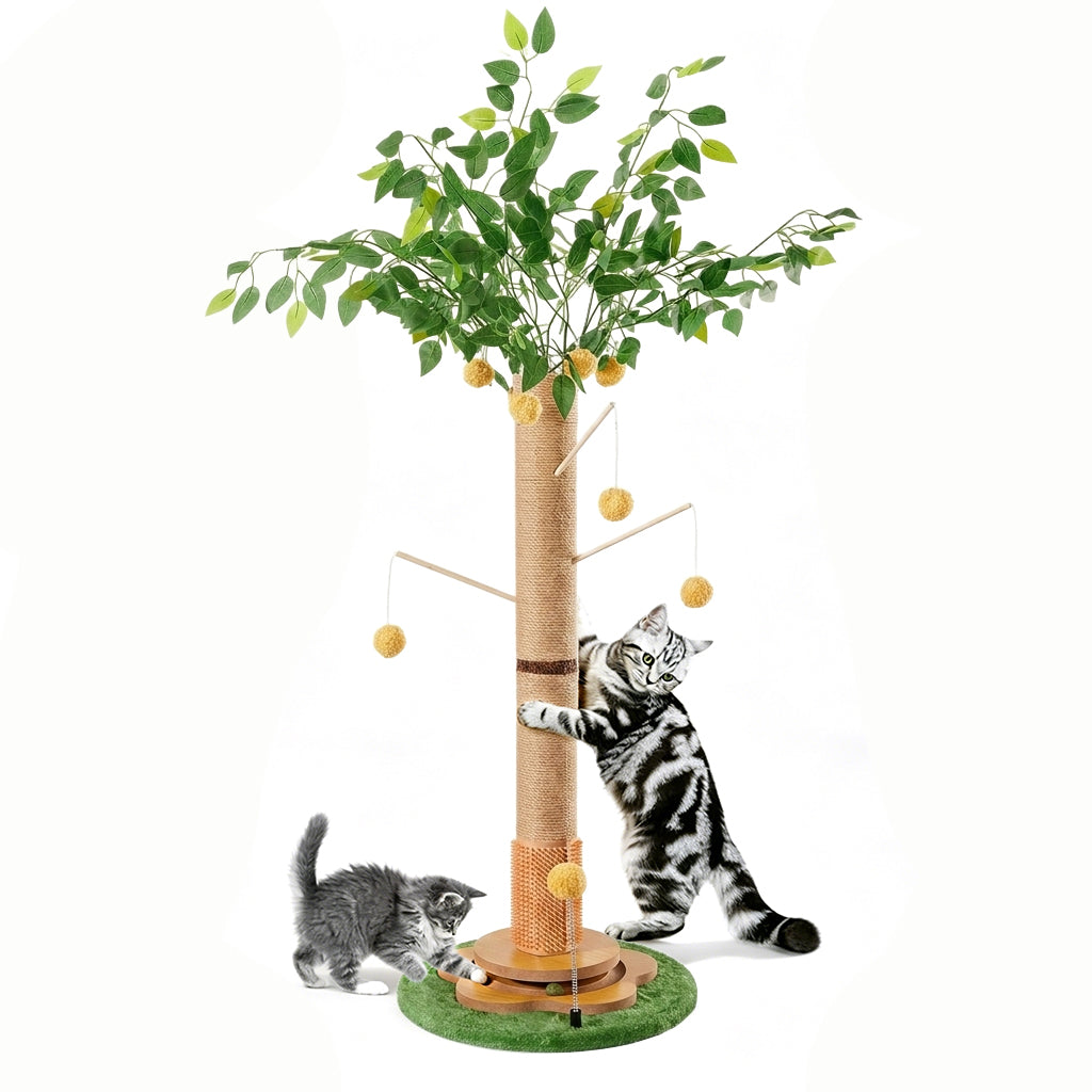 Qpets® 45" Tall Cat Scratching Post with Sisal Rope for Indoor Cats Adults Kittens, Scratcher Tree with Hanging Balls, Self Groomer, Track Balls - Brown