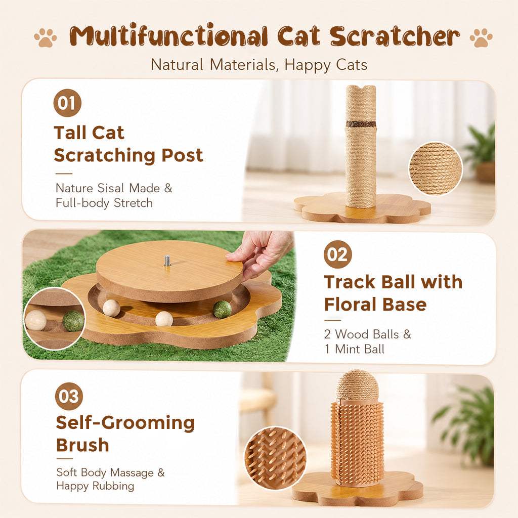 Qpets® 45" Tall Cat Scratching Post with Sisal Rope for Indoor Cats Adults Kittens, Scratcher Tree with Hanging Balls, Self Groomer, Track Balls - Brown