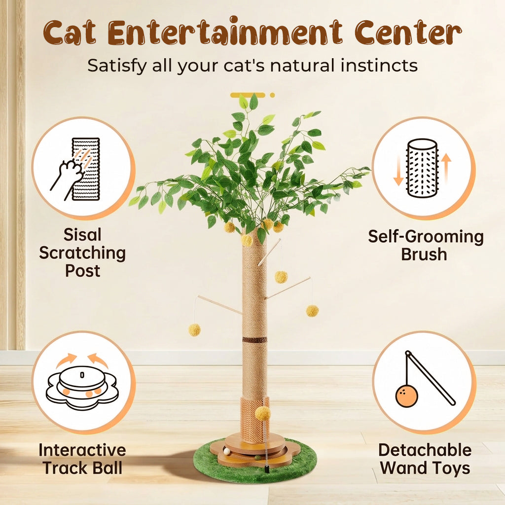 Qpets® 45" Tall Cat Scratching Post with Sisal Rope for Indoor Cats Adults Kittens, Scratcher Tree with Hanging Balls, Self Groomer, Track Balls - Brown