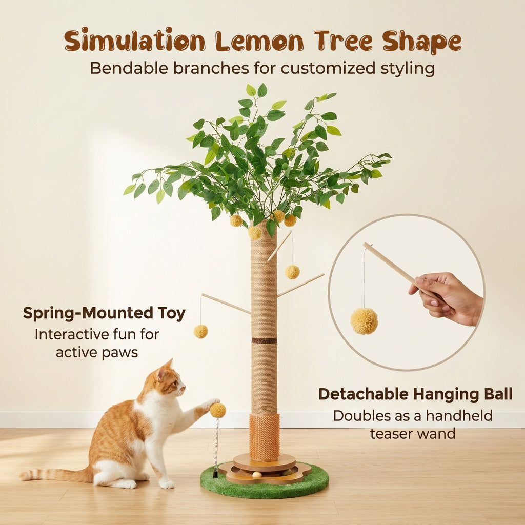 Qpets® 45" Tall Cat Scratching Post with Sisal Rope for Indoor Cats Adults Kittens, Scratcher Tree with Hanging Balls, Self Groomer, Track Balls - Brown