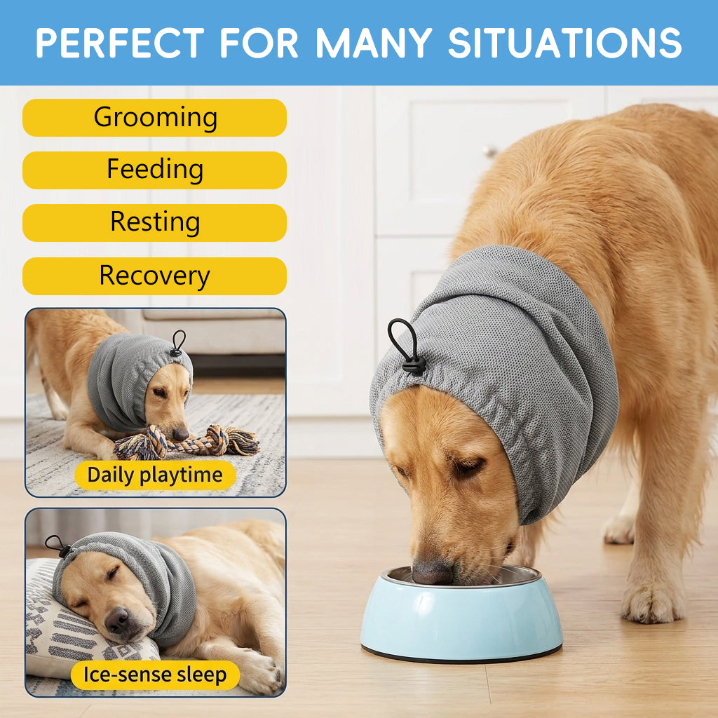 Qpets® Dog Cooling Snood Headwrap Adjustable Breathable Polyester Neck Gaiter, Lightweight Cooling Wrap with Drawstring, Calming Anxiety Ear Cover for Grooming, Travel & Hot Weather Protection-L
