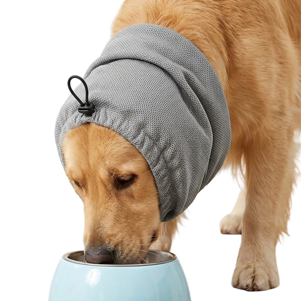 Qpets® Dog Cooling Snood Headwrap Adjustable Breathable Polyester Neck Gaiter, Lightweight Cooling Wrap with Drawstring, Calming Anxiety Ear Cover for Grooming, Travel & Hot Weather Protection-M