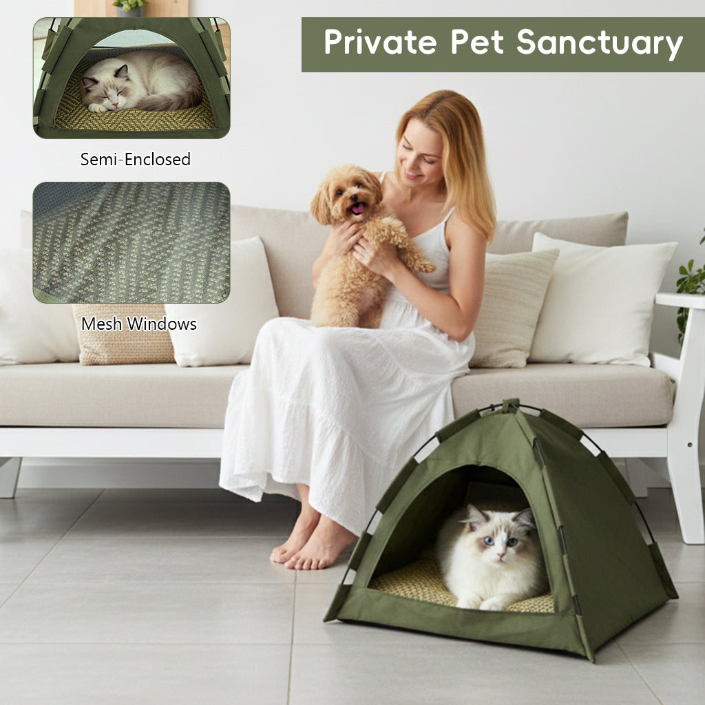 Qpets® Pet Tent for Cats & Small Dogs - Portable Foldable Indoor Outdoor Cat Tent & Dog House with Sunshade, Removable Cat Cave Bed for Camping, Beach, Park - Semi-Enclosed Hideaway-Green-M