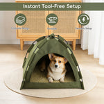 Qpets® Pet Tent for Cats & Small Dogs - Portable Foldable Indoor Outdoor Cat Tent & Dog House with Sunshade, Removable Cat Cave Bed for Camping, Beach, Park - Semi-Enclosed Hideaway-Green-M