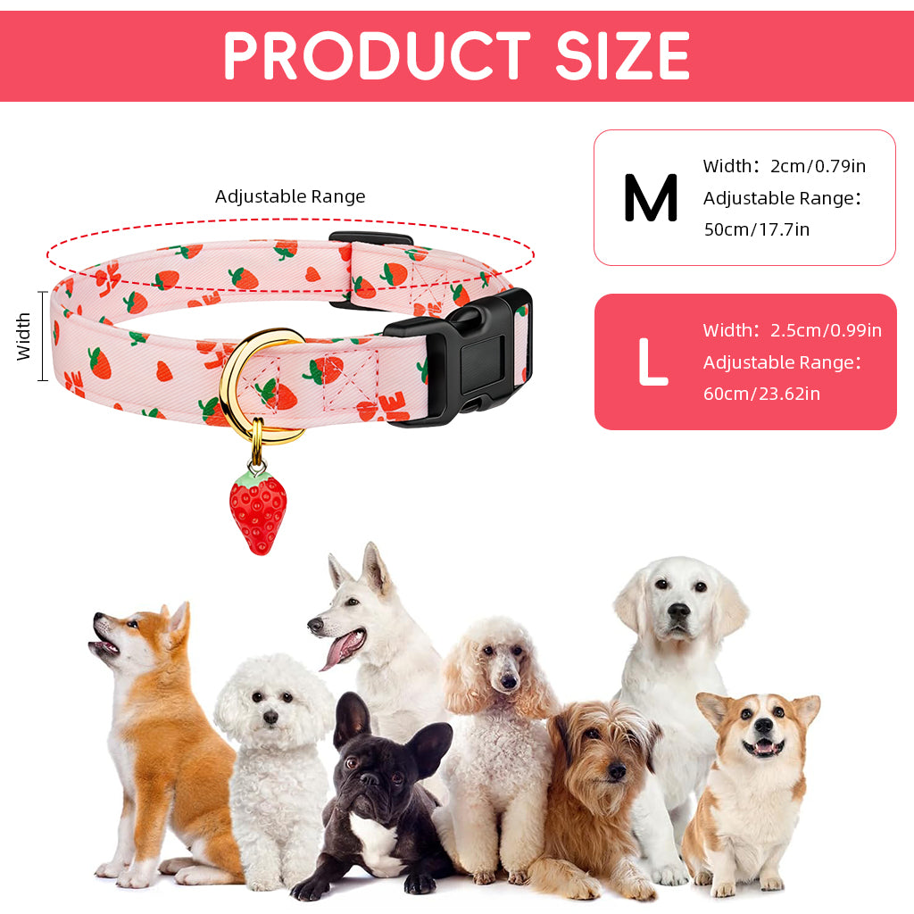 Qpets® Pink Strawberry Dog Collar Sweet Spring Summer Collars with Cute Strawberries Pattern for Female Girl Small Medium Large Dog-Pink-L