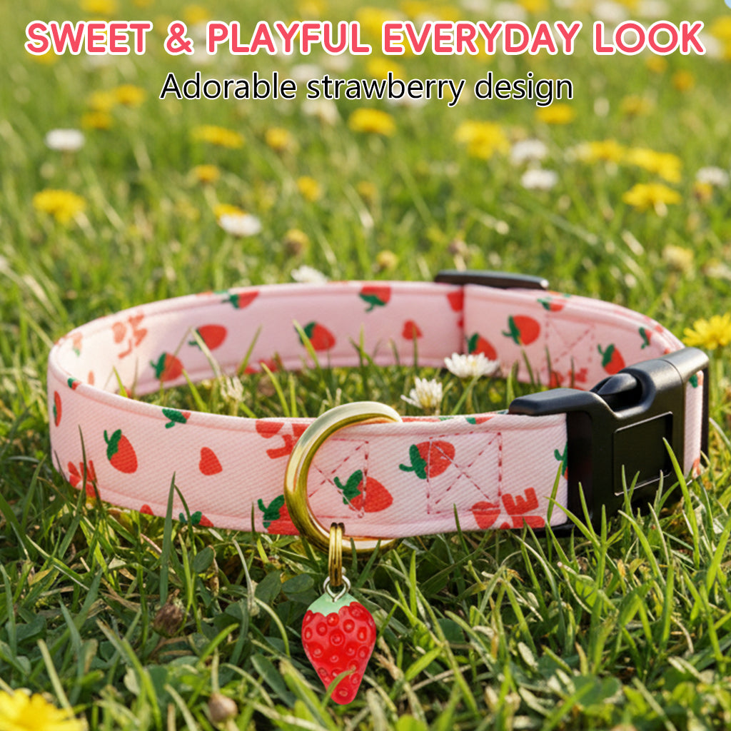 Qpets® Pink Strawberry Dog Collar Sweet Spring Summer Collars with Cute Strawberries Pattern for Female Girl Small Medium Large Dog-Pink-L