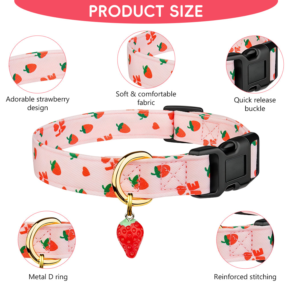 Qpets® Pink Strawberry Dog Collar Sweet Spring Summer Collars with Cute Strawberries Pattern for Female Girl Small Medium Large Dog-Pink-L