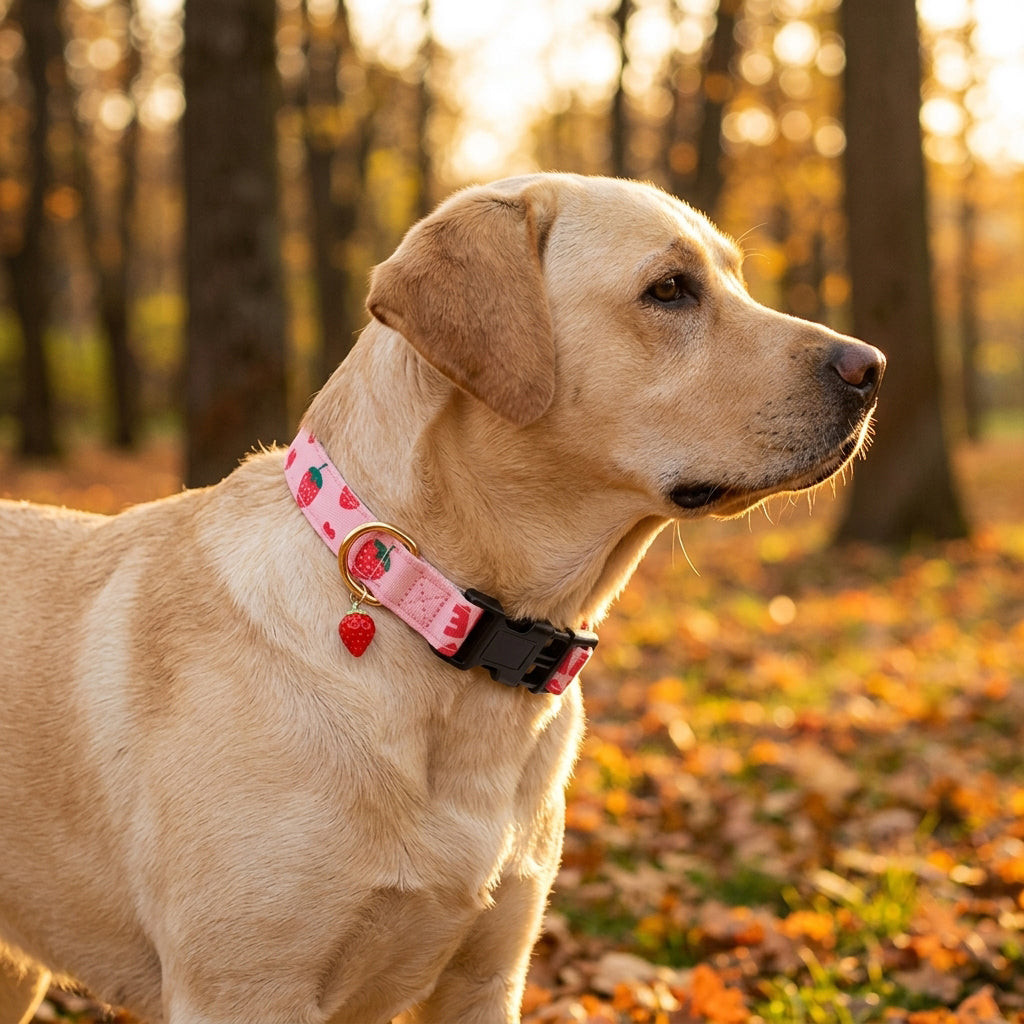 Qpets® Pink Strawberry Dog Collar Sweet Spring Summer Collars with Cute Strawberries Pattern for Female Girl Small Medium Large Dog-Pink-L