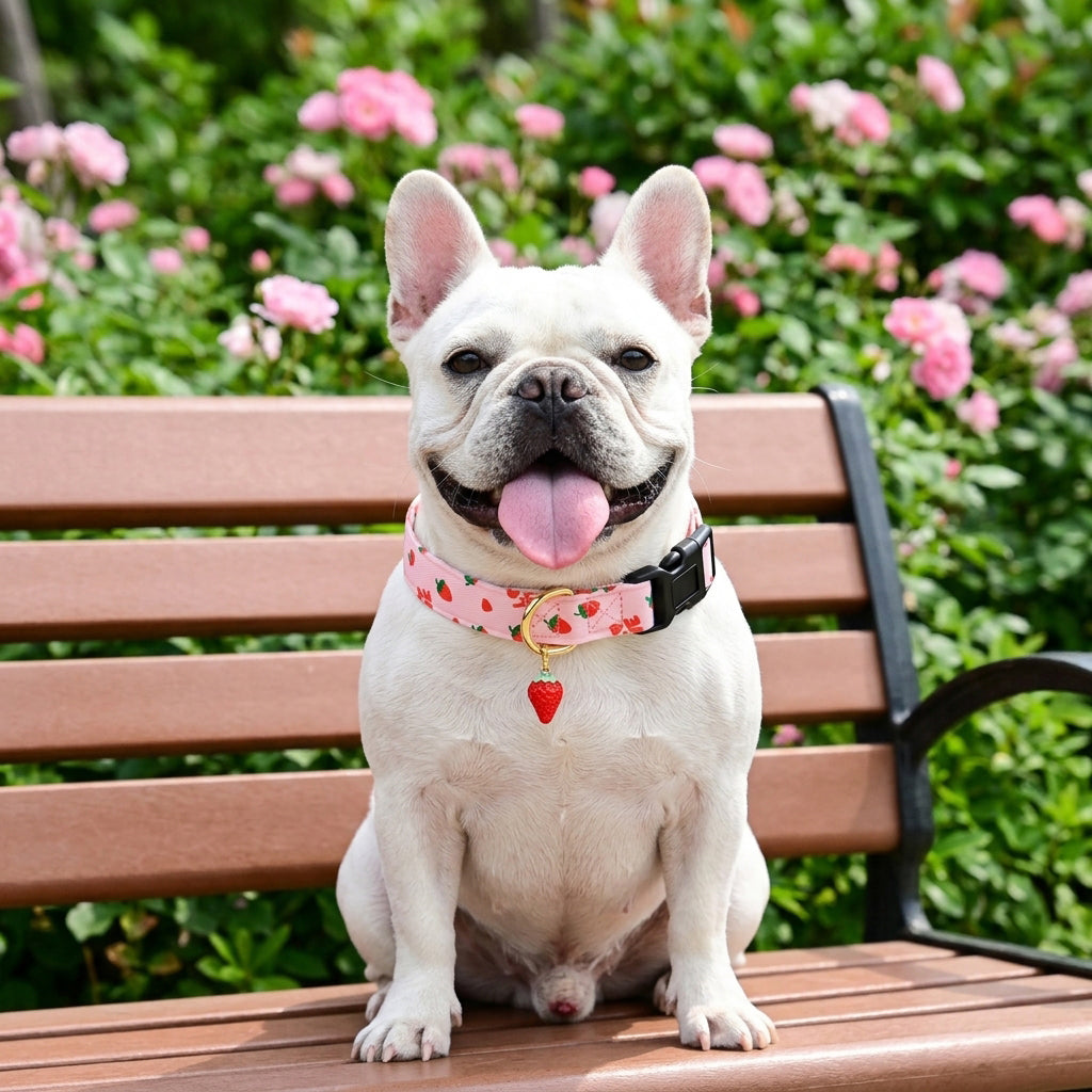 Qpets® Pink Strawberry Dog Collar Sweet Spring Summer Collars with Cute Strawberries Pattern for Female Girl Small Medium Large Dog-Pink-L