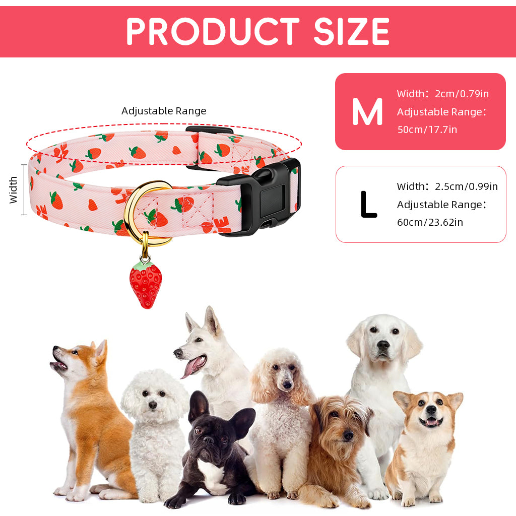 Qpets® Pink Strawberry Dog Collar Sweet Spring Summer Collars with Cute Strawberries Pattern for Female Girl Small Medium Large Dog-Pink-M