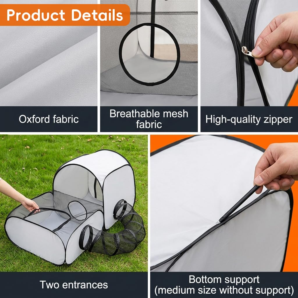 Qpets Foldable Cat Playpen with Detachable Surround Tunnel, Breathable Mesh and Carry Bag