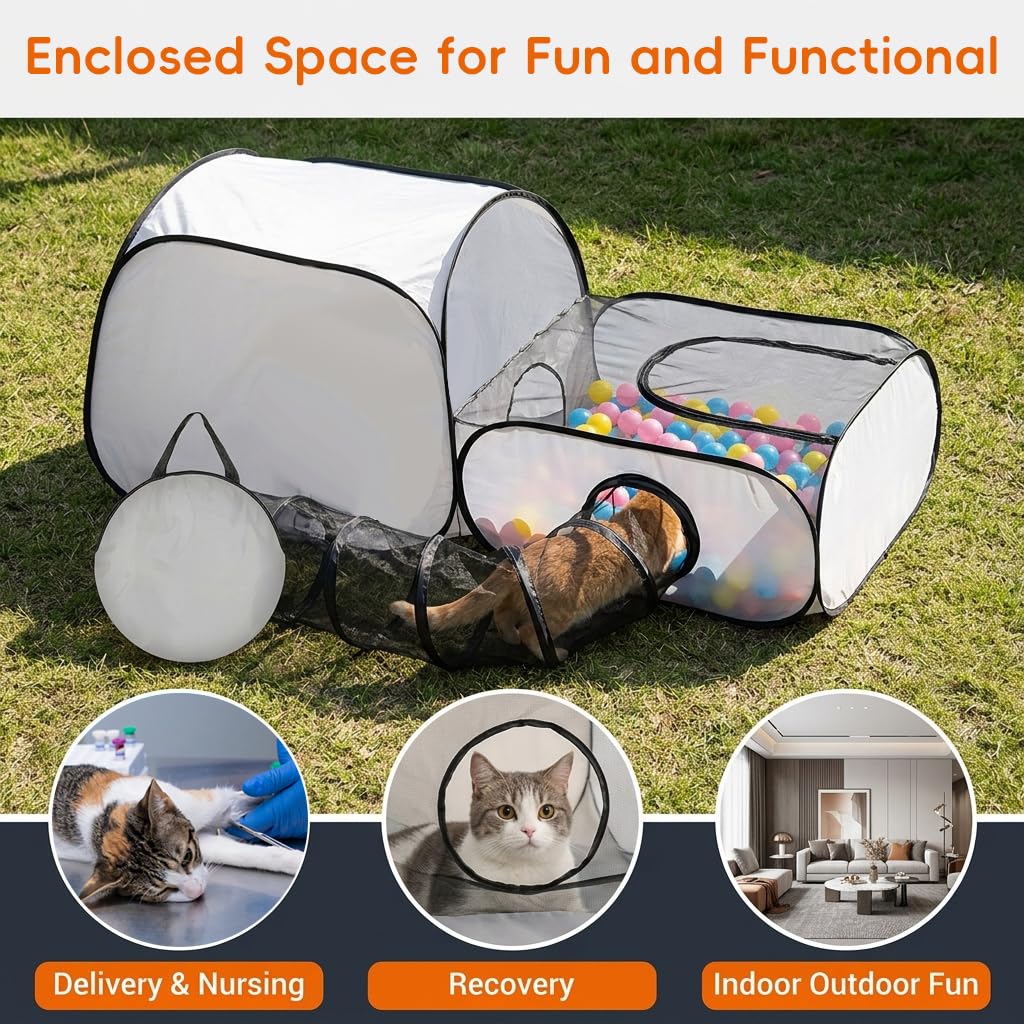 Qpets Foldable Cat Playpen with Detachable Surround Tunnel, Breathable Mesh and Carry Bag