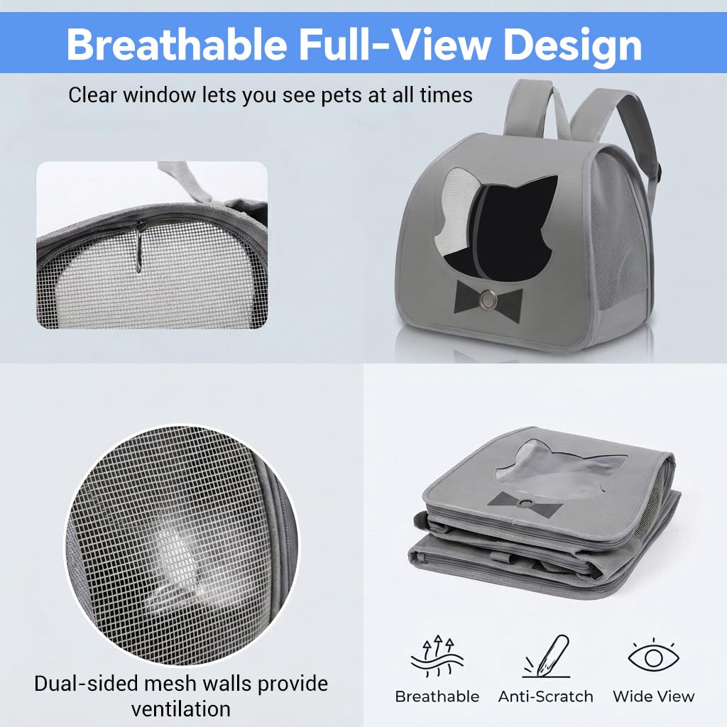 Qpets Foldable Pet Backpack Carrier with Breathable Mesh and Transparent Panels for Cats and Small Dogs