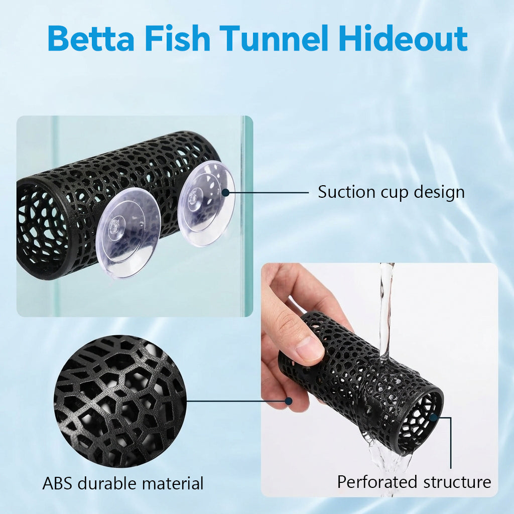 Qpets® Betta Fish Tunnel Hideout with Suction Cup Mount, ABS Aquarium Fish Hiding Tube Cave, Honeycomb Perforated Betta Rest Tunnel, Fish Tank Accessory for Bettas, Small Fish & Decoration, 10x4cm