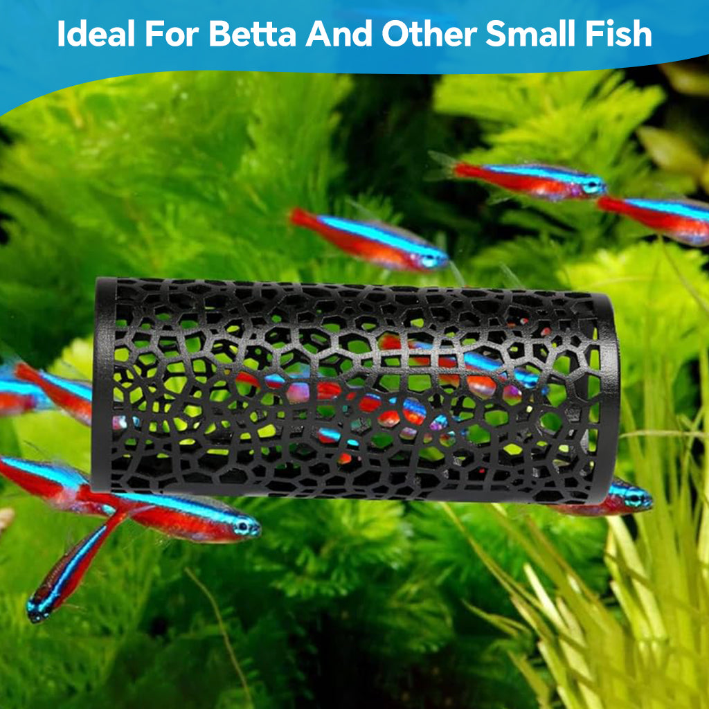 Qpets® Betta Fish Tunnel Hideout with Suction Cup Mount, ABS Aquarium Fish Hiding Tube Cave, Honeycomb Perforated Betta Rest Tunnel, Fish Tank Accessory for Bettas, Small Fish & Decoration, 10x4cm