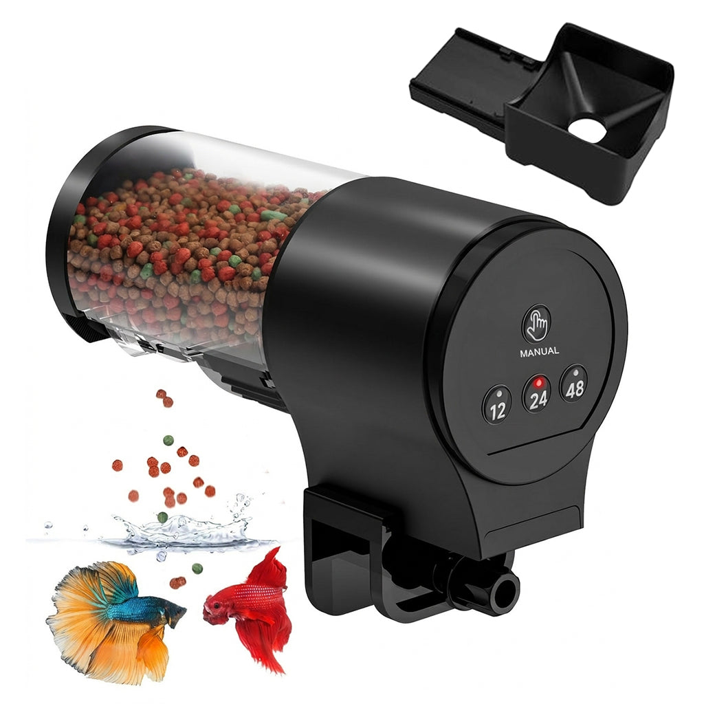 Qpets® Automatic Fish Feeder 110ml Electric Programmable Fish Feeding Timer, Adjustable 12/24/48 Hour Auto Pet Feeder with 6 Portion Control Settings, Battery Operated Food Dispenser with Clamp Mount