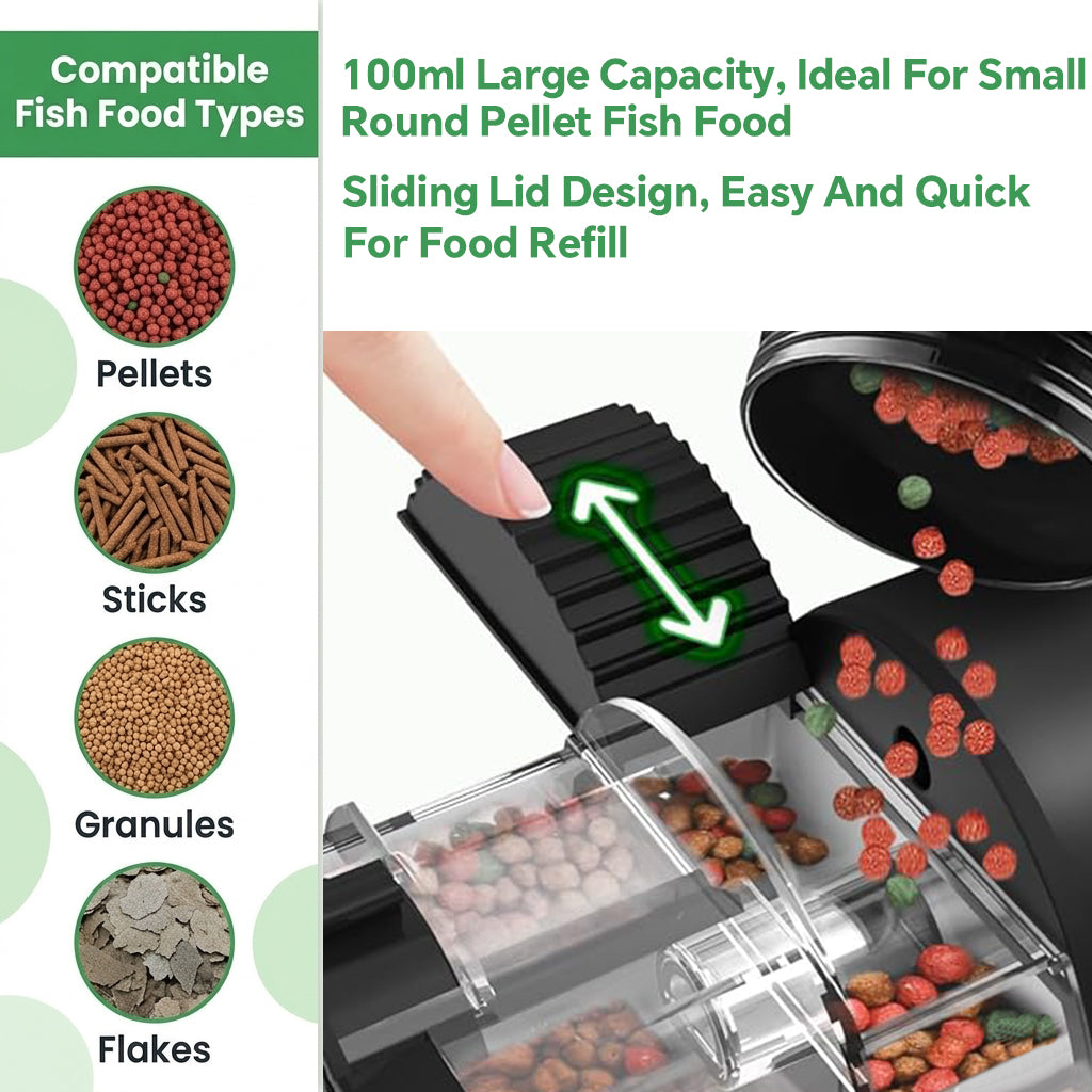 Qpets® Automatic Fish Feeder 110ml Electric Programmable Fish Feeding Timer, Adjustable 12/24/48 Hour Auto Pet Feeder with 6 Portion Control Settings, Battery Operated Food Dispenser with Clamp Mount