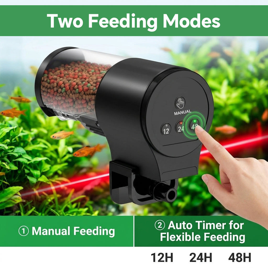 Qpets® Automatic Fish Feeder 110ml Electric Programmable Fish Feeding Timer, Adjustable 12/24/48 Hour Auto Pet Feeder with 6 Portion Control Settings, Battery Operated Food Dispenser with Clamp Mount