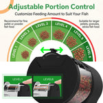Qpets® Automatic Fish Feeder 110ml Electric Programmable Fish Feeding Timer, Adjustable 12/24/48 Hour Auto Pet Feeder with 6 Portion Control Settings, Battery Operated Food Dispenser with Clamp Mount