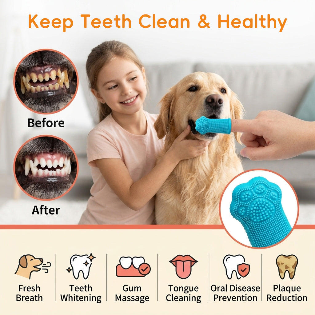 Qpets® Dog Finger Toothbrush Set Silicone Cleaning Finger Teeth Brush with Gum Massage Design for Medium and Large Dogs