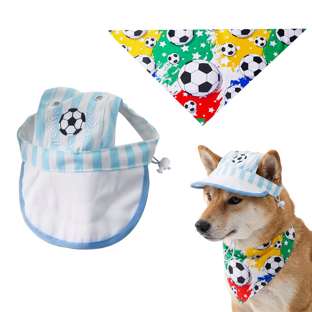 Qpets® Football Print Dog Baseball Cap and Bandana for Medium Dogs Summer Waterproof Pet Sun Hats with Ear Holes Adjustable Drawstring Football Hat and Bandana-Blue-L