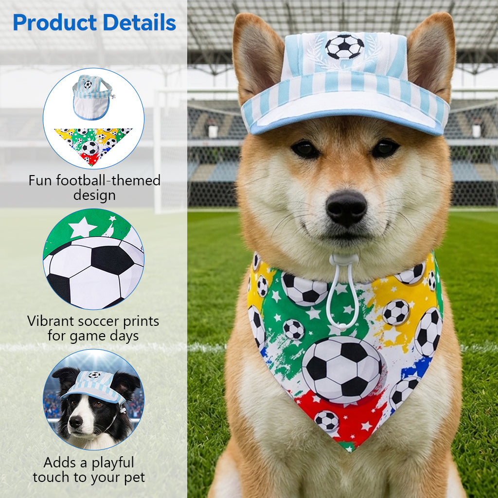 Qpets® Football Print Dog Baseball Cap and Bandana for Medium Dogs Summer Waterproof Pet Sun Hats with Ear Holes Adjustable Drawstring Football Hat and Bandana-Blue-L