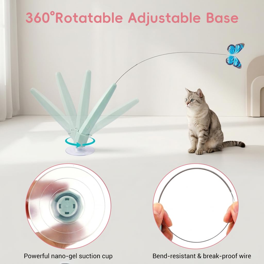 Qpets Rechargeable Butterfly Cat Toy with Flexible Cord, Suction-Cup Base and Two Play Modes