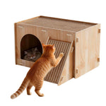 Qpets Wooden Cat House with Enclosed Hideaway, Dual Scratch Stations and Climbing Ramp