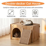 Qpets Wooden Cat House with Enclosed Hideaway, Dual Scratch Stations and Climbing Ramp
