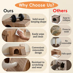 Qpets Wooden Cat House with Enclosed Hideaway, Dual Scratch Stations and Climbing Ramp