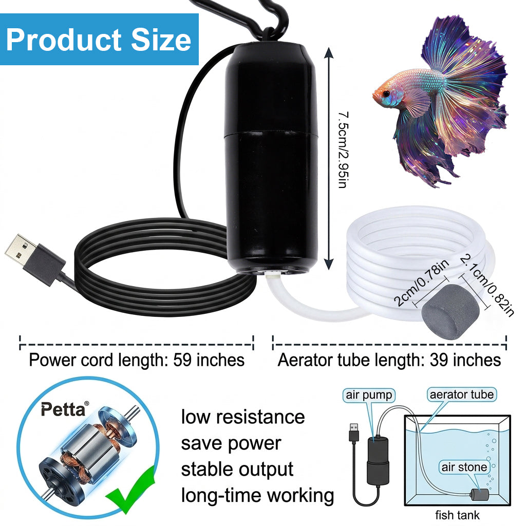 Qpets® Single USB Air Pump for Aquarium Quiet Mini Oxygen Pump Portable USB Powered Aerator for Nano Fish Tanks Shrimp Tanks and Outdoor Transport