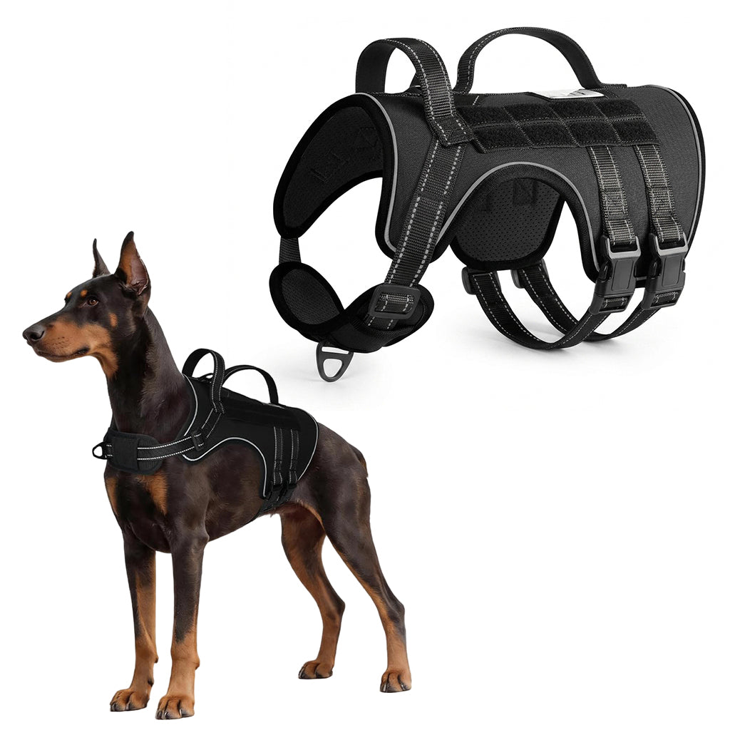 Qpets® Dog Harness Heavy Duty Adjustable No Pull Pet Vest with Molle System Reflective Padding for Walking Hiking Training Black M