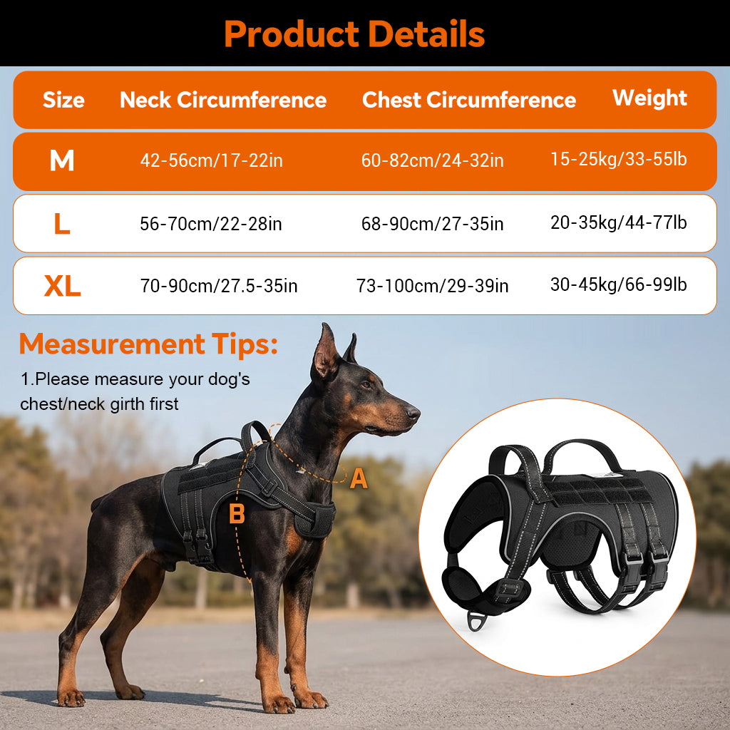 Qpets® Dog Harness Heavy Duty Adjustable No Pull Pet Vest with Molle System Reflective Padding for Walking Hiking Training Black M