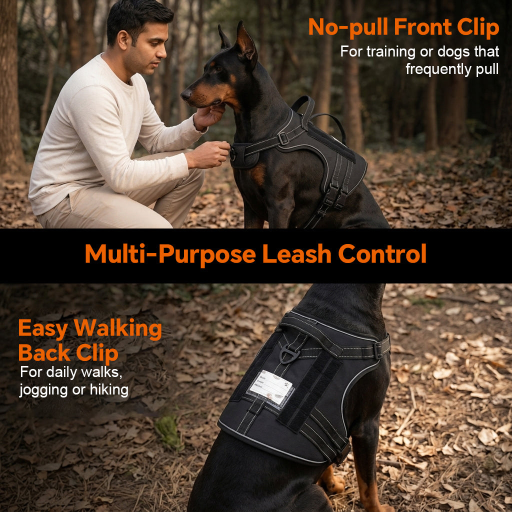 Qpets® Dog Harness Heavy Duty Adjustable No Pull Pet Vest with Molle System Reflective Padding for Walking Hiking Training Black M
