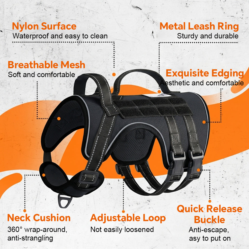 Qpets® Dog Harness Heavy Duty Adjustable No Pull Pet Vest with Molle System Reflective Padding for Walking Hiking Training Black M
